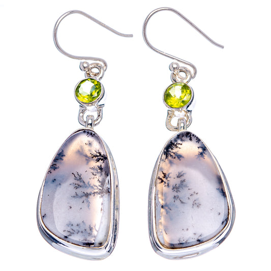 Sterling silver peridot and dendritic opal drop earrings, green round stones, teardrop drops