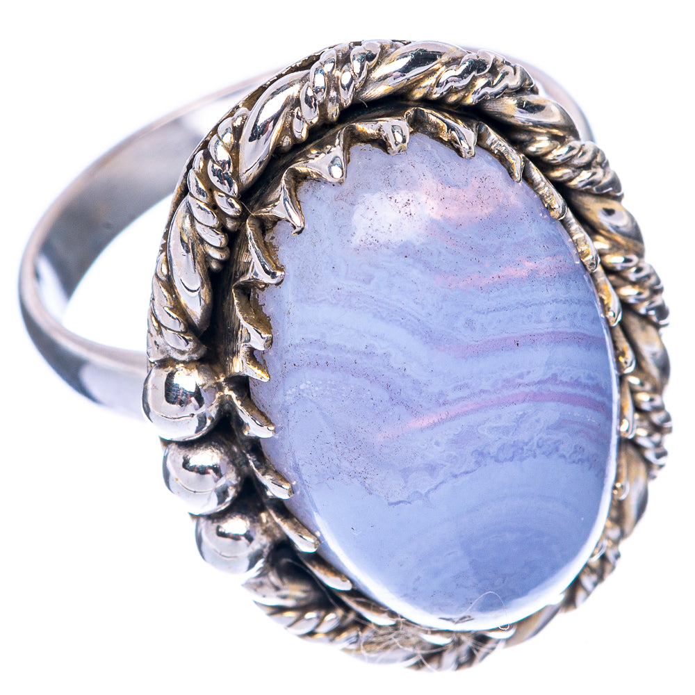 Sterling silver ring with large oval blue lace agate and detailed edgework