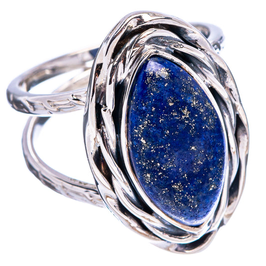 Sterling silver oval lapis lazuli cabochon ring, side view of ornate band
