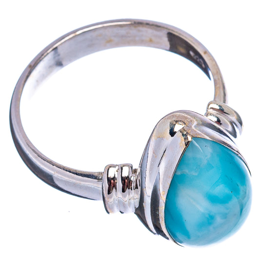 Sterling silver ring featuring blue teardrop larimar stone in side view