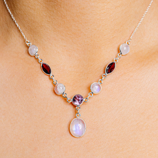 925 sterling silver necklace with oval pink moonstone pendant and purple, red gemstone links