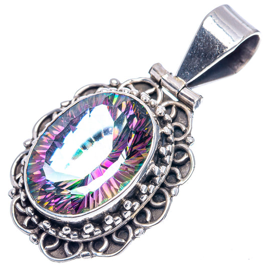 Sterling silver mystic topaz pendant with oval rainbow crystal and ornate bezel.