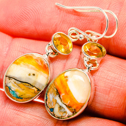 Spiny Oyster Turquoise, Citrine Earrings 1 5/8" (925 Sterling Silver) EARR432055