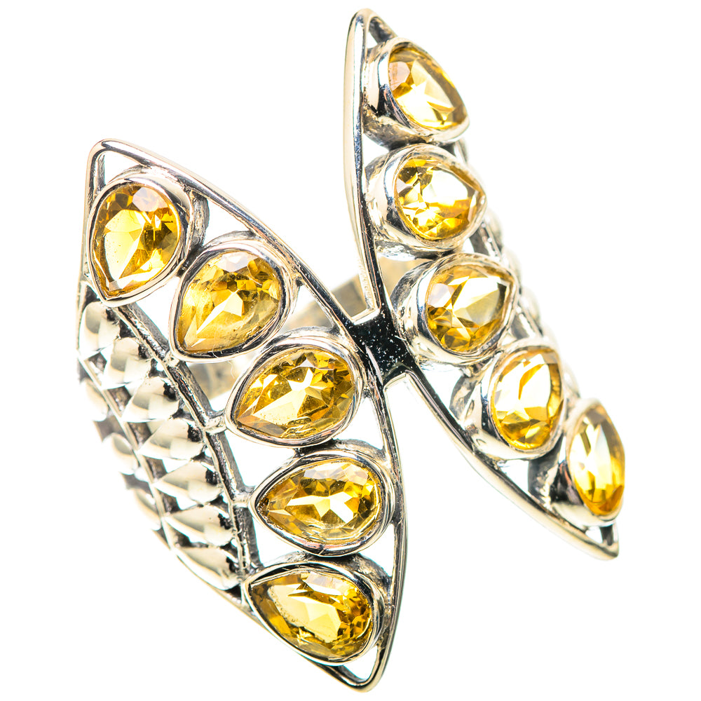 Marquise citrine ring in 925 sterling silver with six faceted oval yellow stones.