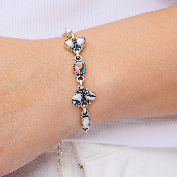 Southwestern Style White Buffalo Turquoise, Cotton Candy Turquoise Bracelet 8 3/4" (.925 Sterling Silver)