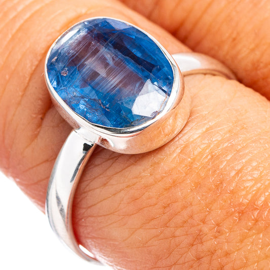 Kyanite ring in .925 sterling silver with oval blue cabochon gemstone bezel setting