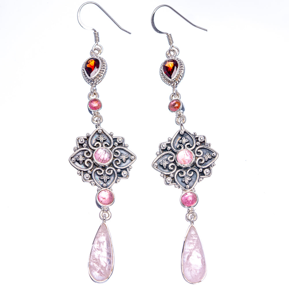 Signature Morganite, Pink Tourmaline, Garnet, Rainbow Moonstone Earrings 3 3/4" (.925 Sterling Silver)