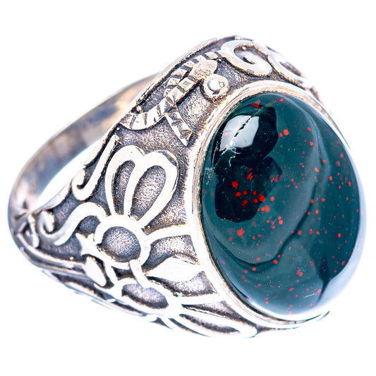 Oval dark green bloodstone-style ring, .925 sterling silver filigree, size 6.75