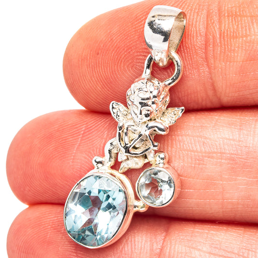 Blue Topaz Angel Motif Pendant 1 3/8" (.925 Sterling Silver)