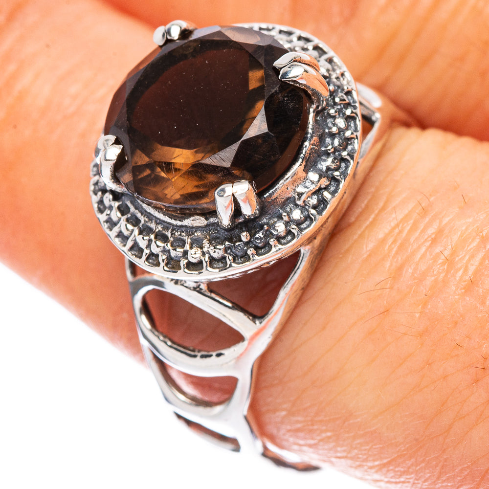 Smoky quartz oval ring in 925 sterling silver with ornate halo setting, size 8.75