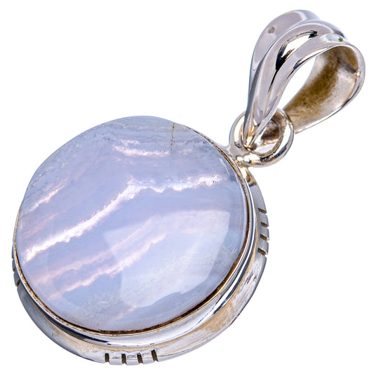 Round blue lace agate pendant in .925 sterling silver bezel with hinged bail