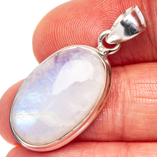 Oval moonstone pendant with iridescent white and blue flashes, .925 sterling silver bail