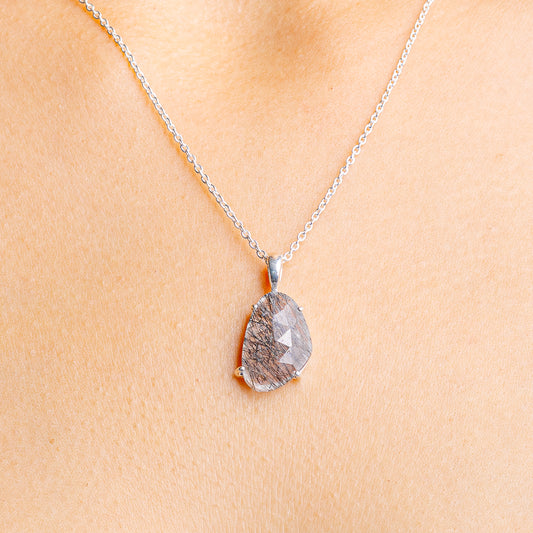 Tourmalinated quartz pendant necklace with .925 sterling silver chain and teardrop stone