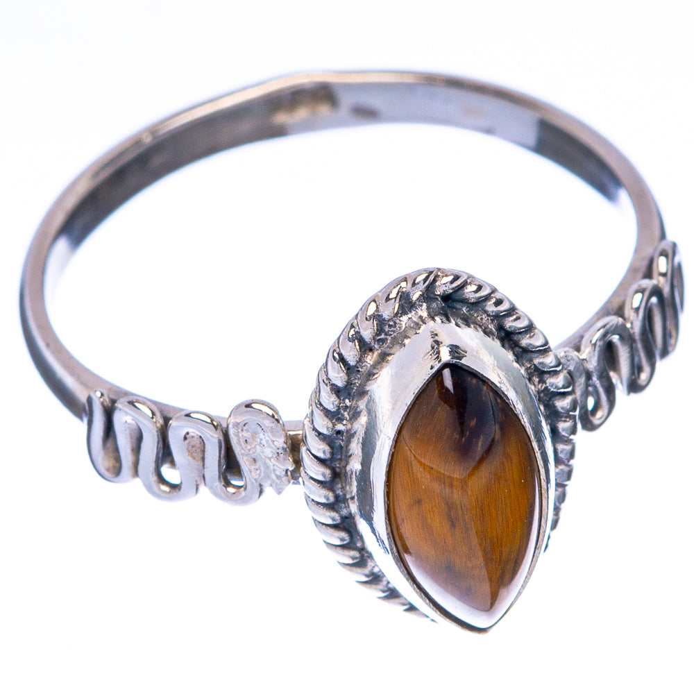 Sterling silver dainty ring with oval tiger eye gemstone, ornate band, size 6.75