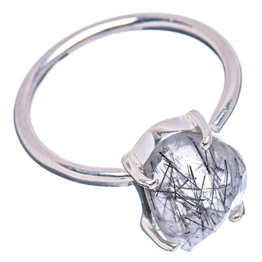 Sterling silver ring with oval faceted clear quartz and black tourmaline needle inclusions