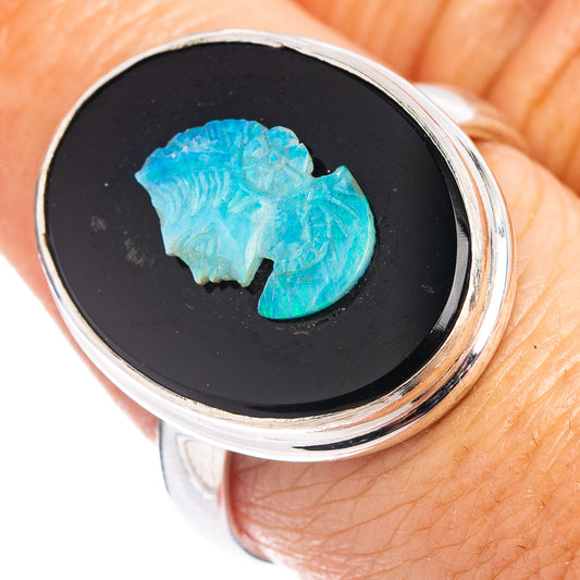 Opal cameo sterling silver ring, blue opal profile set in black oval bezel