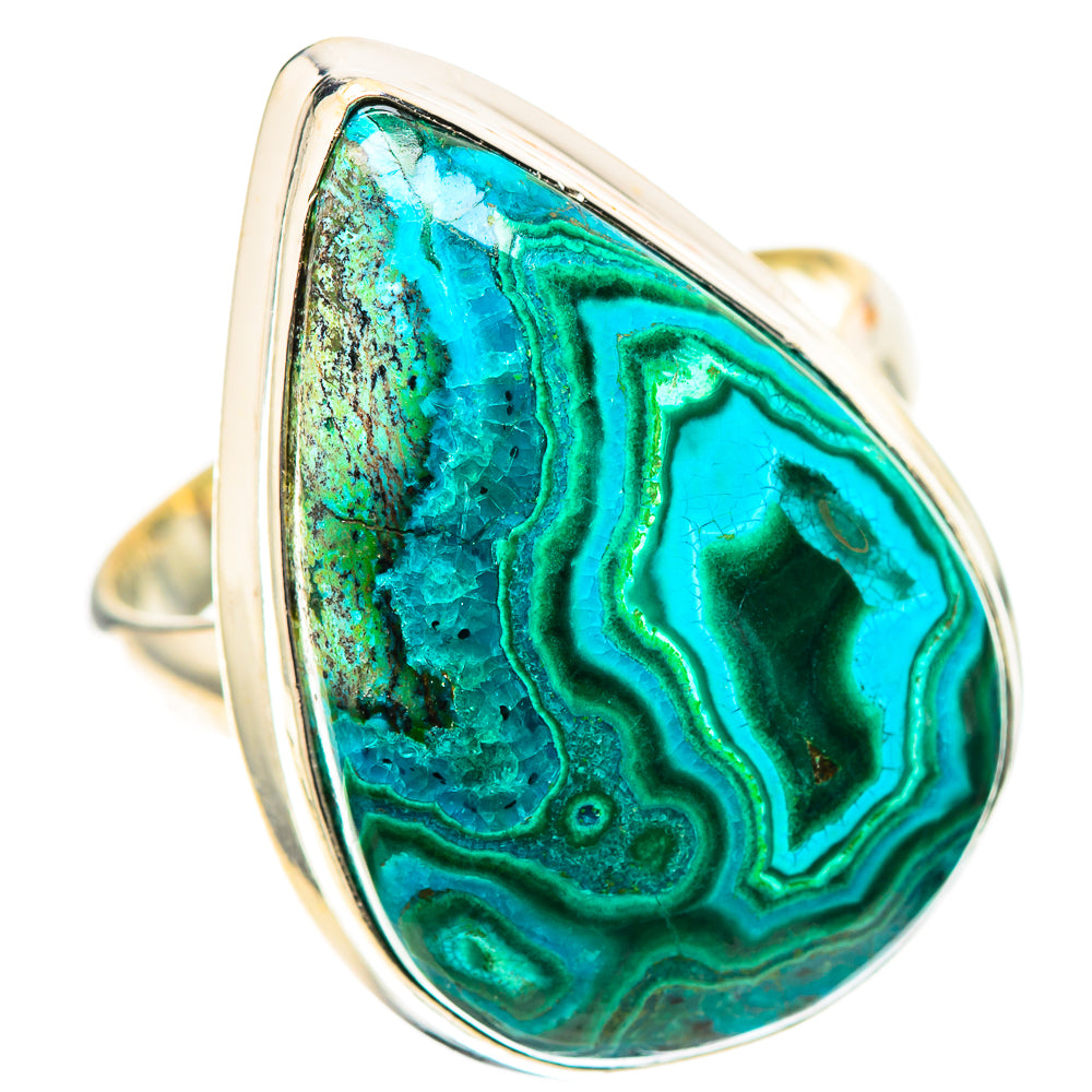 Large oval chrysocolla-malachite sterling silver ring, polished bezel with teal green veining
