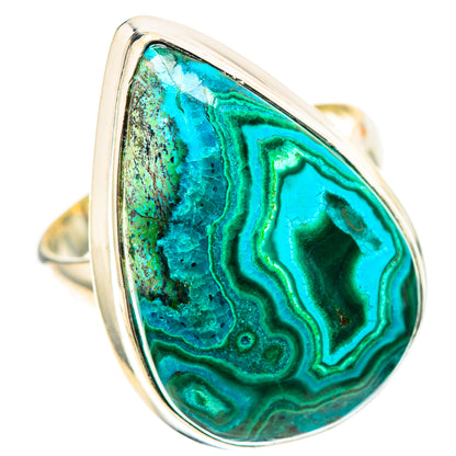 Large oval chrysocolla-malachite sterling silver ring, polished bezel with teal green veining