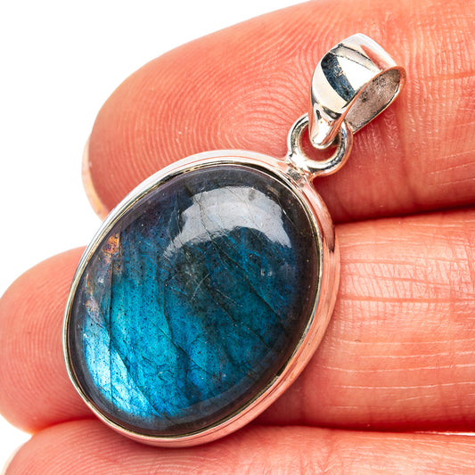Labradorite pendant with oval vivid blue stone and .925 sterling silver bezel