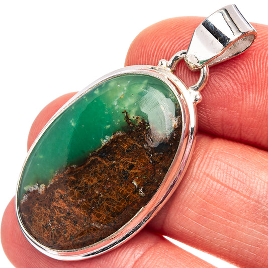 Sterling silver pendant close-up: oval green-and-brown boulder chrysoprase in bezel