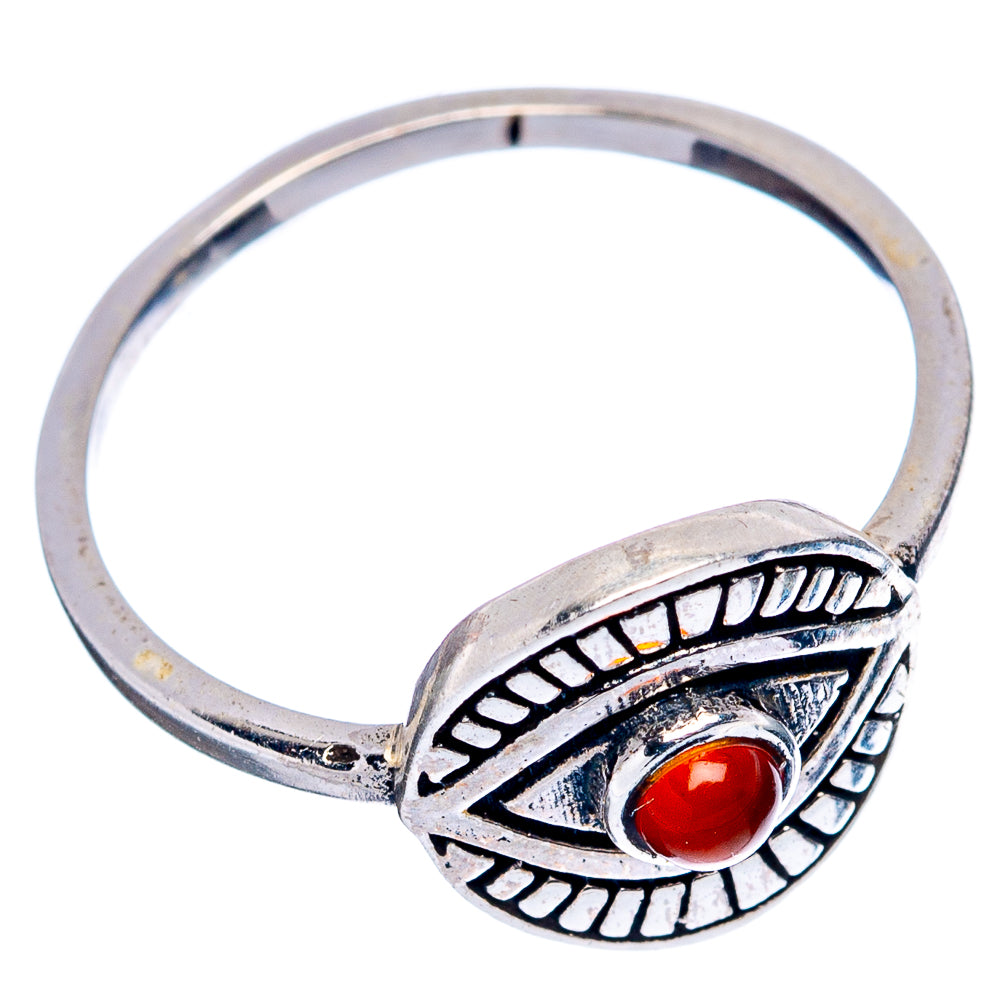 Sterling silver eye dainty ring with red cabochon stone, open round band view