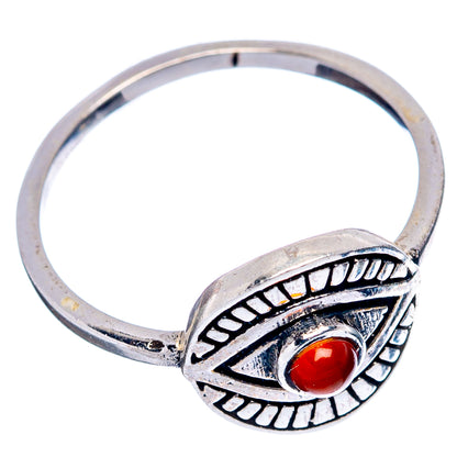 Sterling silver eye dainty ring with red cabochon stone, open round band view