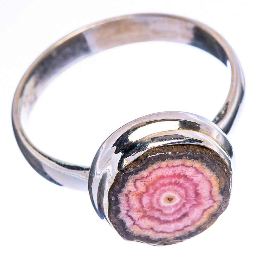 Sterling silver ring with rhodochrosite stalactite cabochon, pink concentric stone center