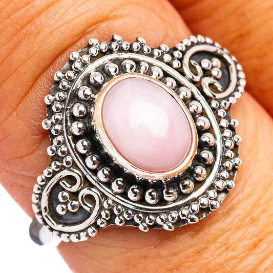 Pink opal sterling silver ring, oval cabochon with ornate beaded filigree, size 8.25