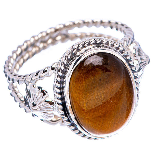 Engraved sterling silver band with oval tiger's eye cabochon, size 7.75