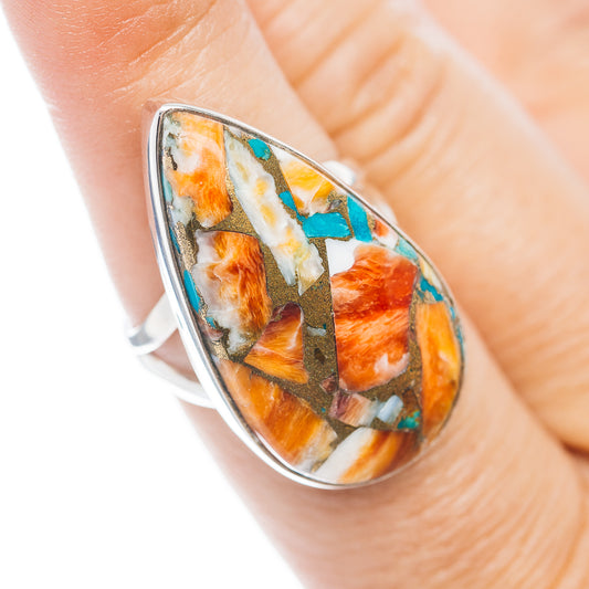 Sterling silver spiny oyster turquoise ring with oval inlay cabochon, orange and teal