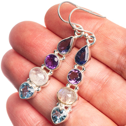Rainbow Moonstone, Blue Topaz, Tanzanite, Amethyst 925 Sterling Silver Earrings 1 7/8"