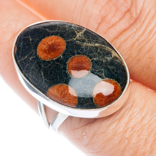 Sterling silver oval obsidian ring with orange earthtone inlays, size 8.5