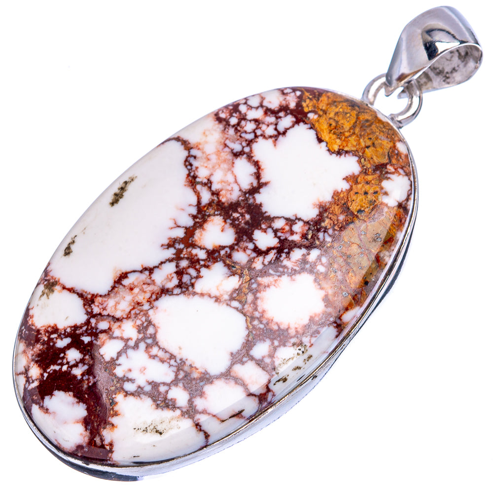 Oval wild horse jasper pendant in silver frame, white with red-brown marbled veins