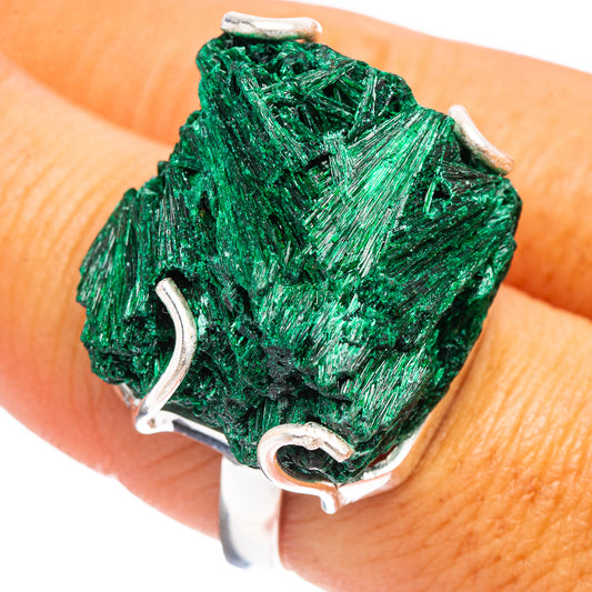 Raw malachite ring with green crystal stone and .925 sterling silver openwork band