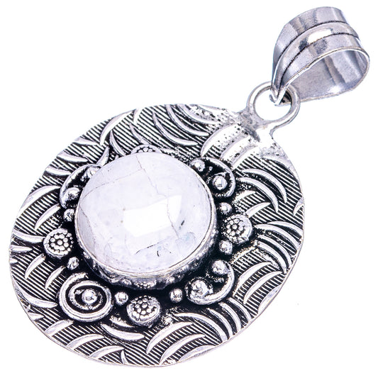 German silver round moonstone pendant with engraved leaf pattern, bead border, hanging loop