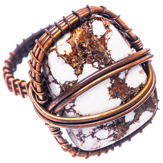 Oxidized copper statement ring with wrapped wild horse jasper stone cabochon, side view