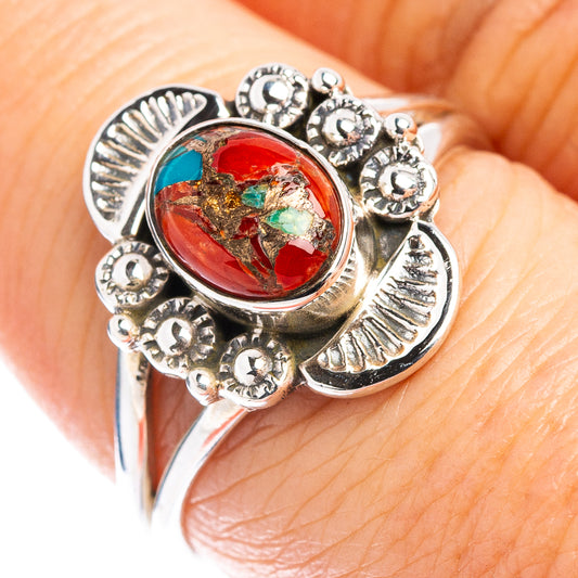 Sterling silver oval mosaic ring with red, green, and blue stone center