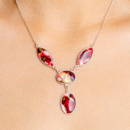 Sterling silver necklace with red/pink oval cabochon pendants and chain