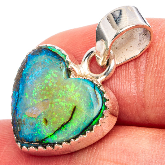 Heart opal pendant, blue-green iridescent stone in sterling silver bezel and bail