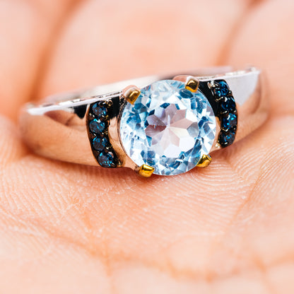 Blue Topaz, Blue Diamond Ring Size 6.75 (.925 Sterling Silver)