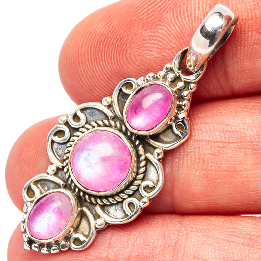Pink moonstone pendant in .925 sterling silver, three oval pink stones with ornate frame