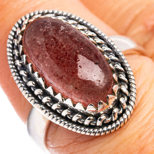 Oval pink-red quartz gemstone ring, .925 sterling silver rope bezel setting