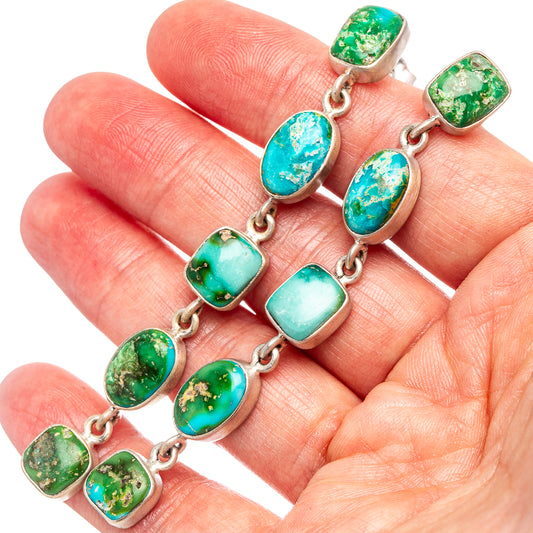 Turquoise drop earrings with sterling silver oval and square green-blue stone links