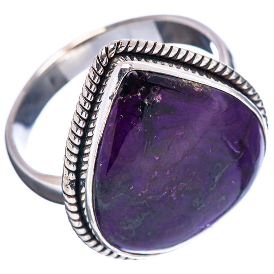 Purple sugilite oval sterling silver ring, rope bezel and textured band, size 11.