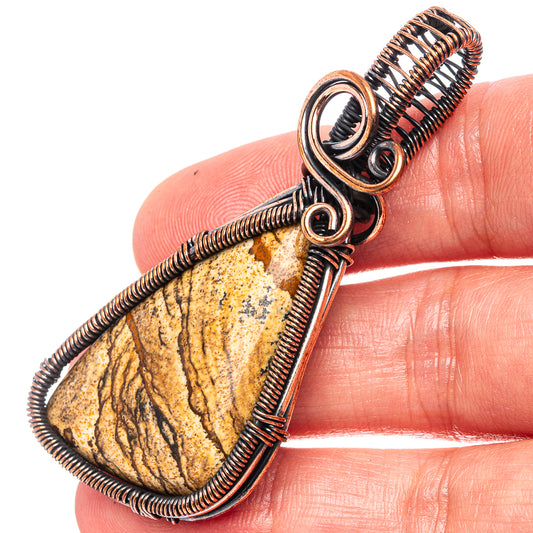 Oxidized copper wire-wrapped picture jasper teardrop pendant with loop bail