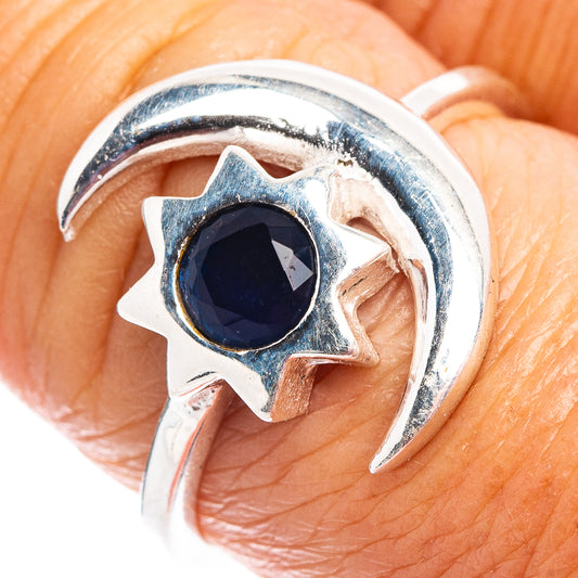 Dainty sterling silver ring with moon and star setting and dark blue gemstone, size 8