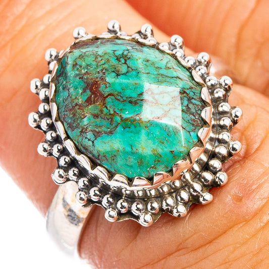 Hubei turquoise cabochon ring, size 6.5, .925 sterling silver bezel with beads