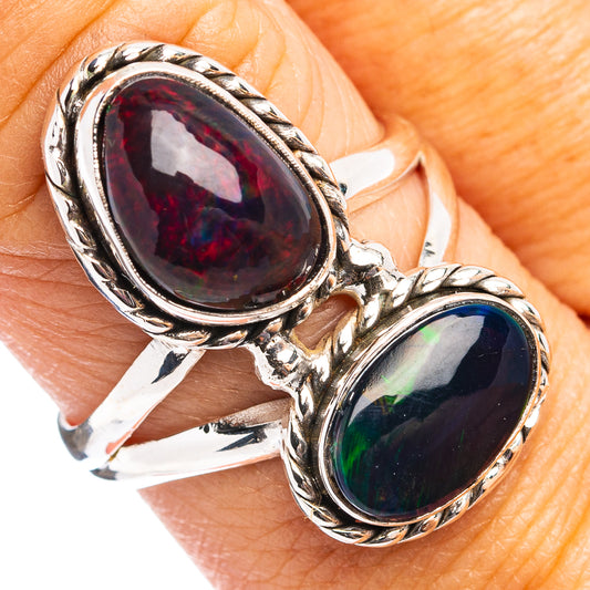 Sterling silver double-opal ring: oval dark red opal and oval black opal accents