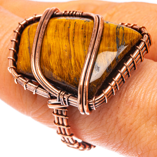 Oxidized copper tiger's eye ring, size 8, oval stone with wire-wrapped band