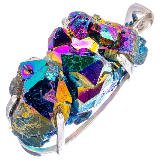 Sterling silver aura quartz pendant with multi-color faceted crystal and prong setting